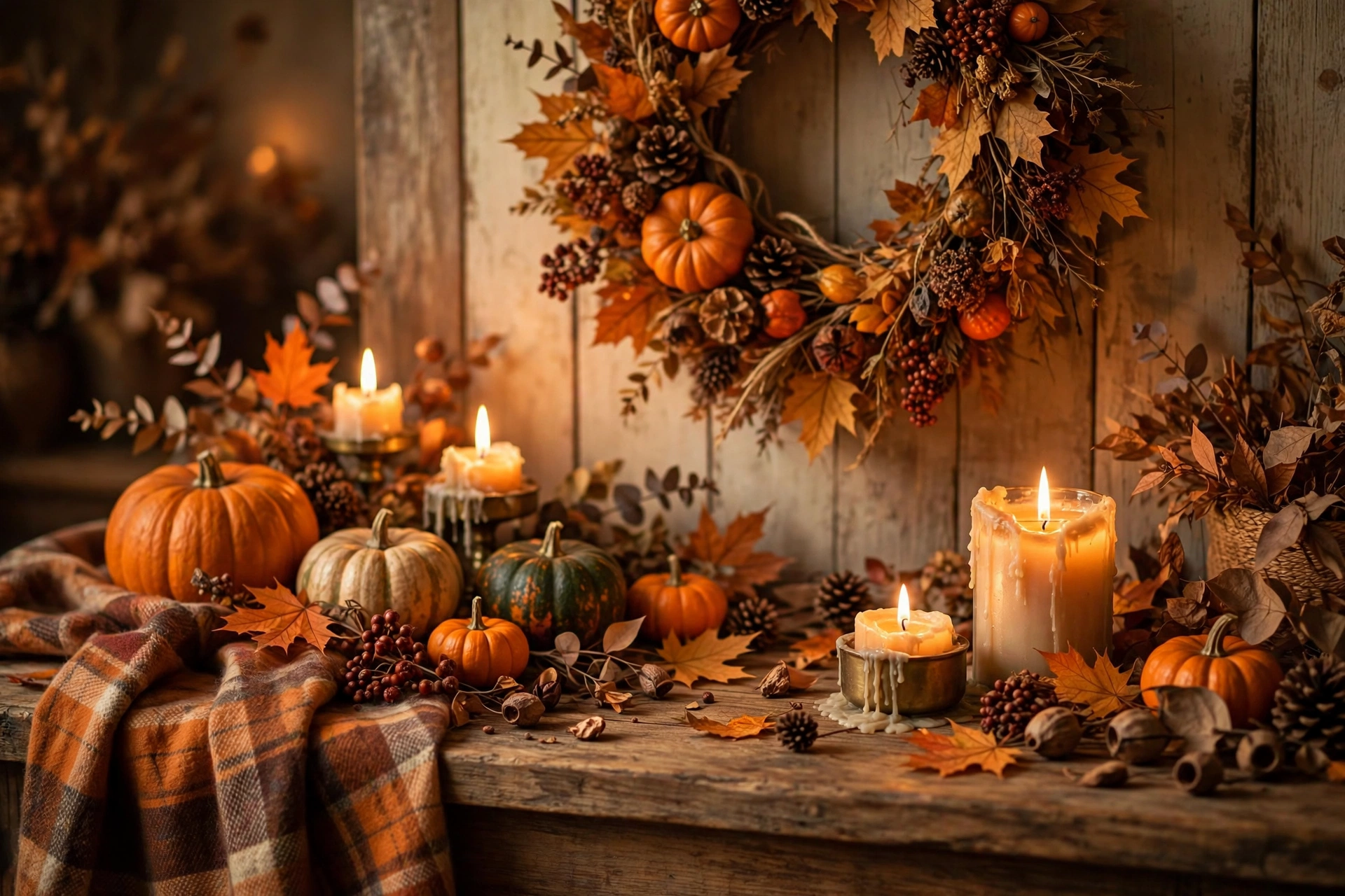 Décorations d’automne et d’Halloween : citrouilles, feuilles et bougies